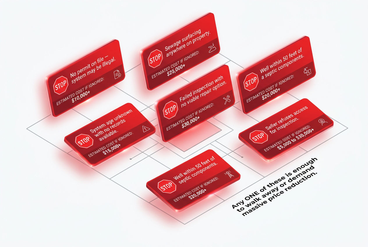 3D warning grid showing six septic deal-breaker red flags for rural property buyers