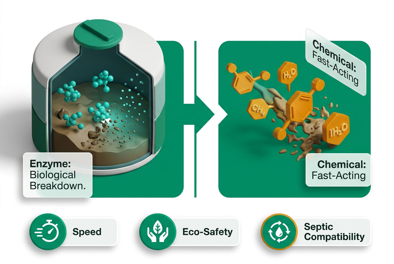 Split isometric diagram comparing enzyme-based vs chemical RV black tank treatments showing molecular breakdown process and waste digestion icons.