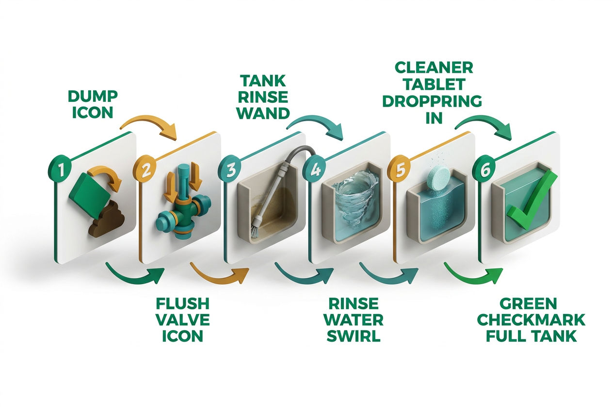 Isometric step-by-step flow diagram showing 6 stages of RV black tank cleaning from dump station to treatment drop-in.