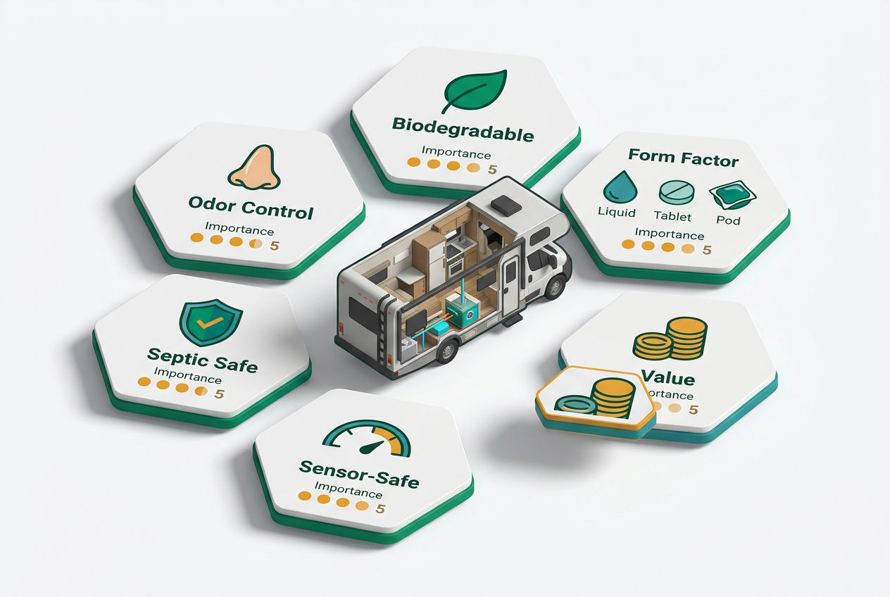 Isometric buying guide visual with floating criteria cards covering odor control, biodegradability, form factor, septic safety, and price value rating