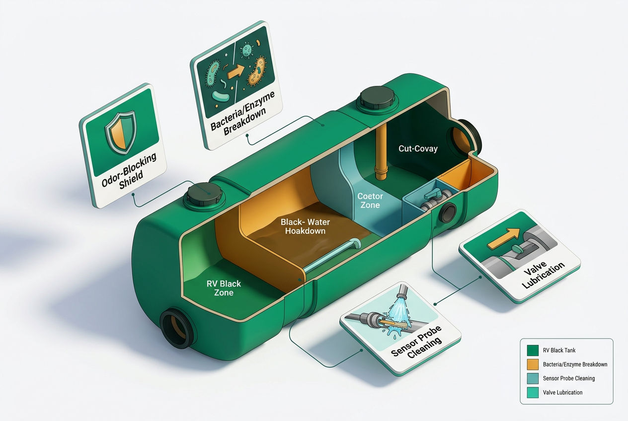 3D isometric cutaway of RV black tank showing odor control, waste breakdown, sensor cleaning, and lubrication functions labeled.