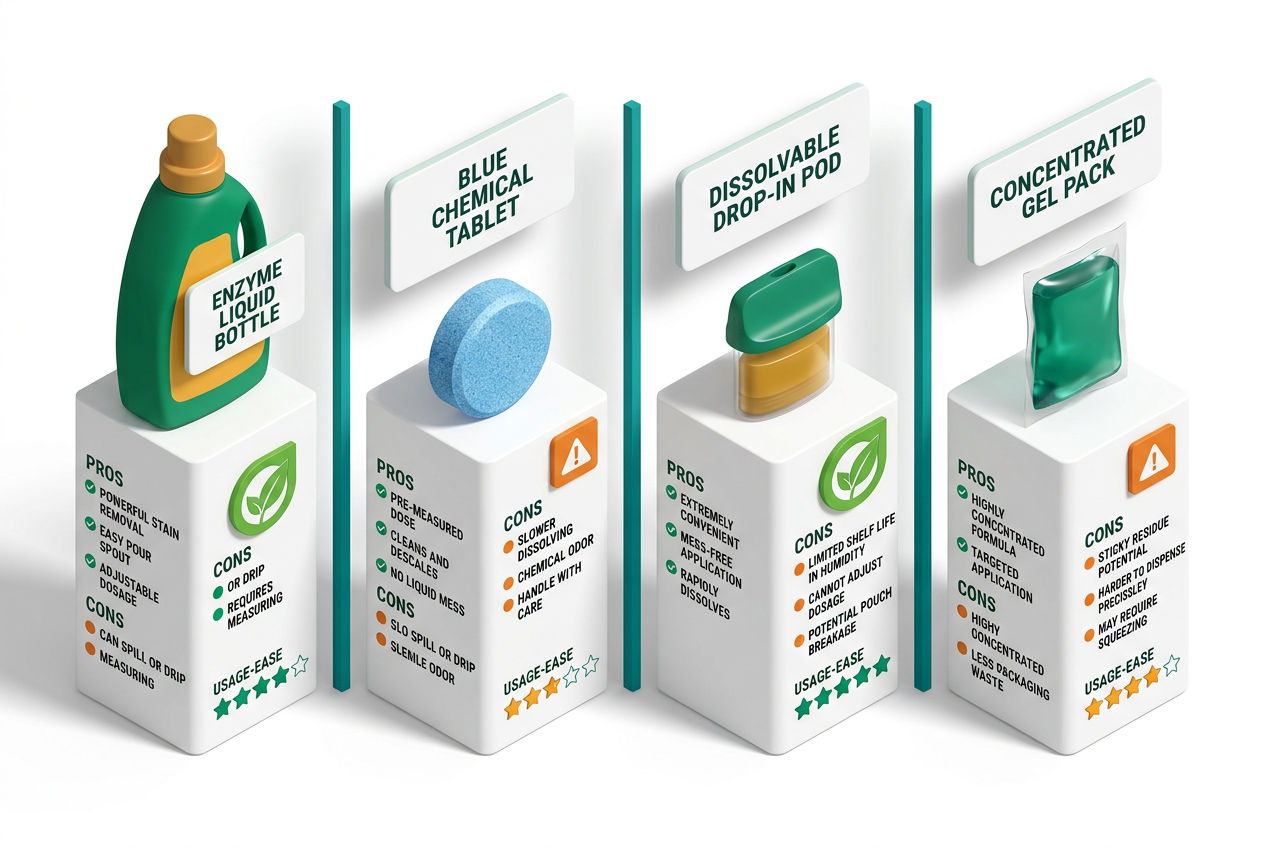 Isometric comparison grid of four RV black tank treatment types: enzyme, chemical, drop-in pod, and liquid, with pros and cons labels.