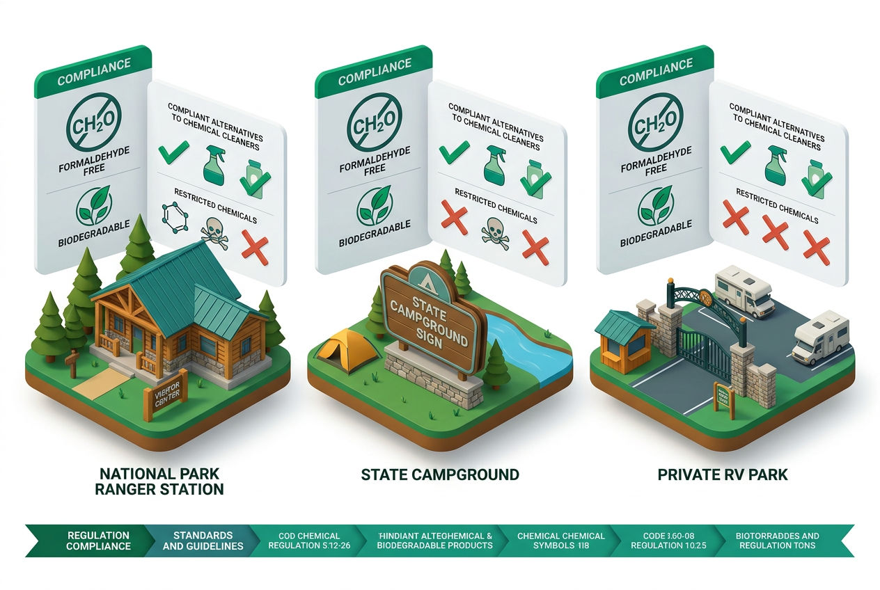 Isometric infographic comparing national park, state campground, and private RV park chemical treatment rules with approved product badges.