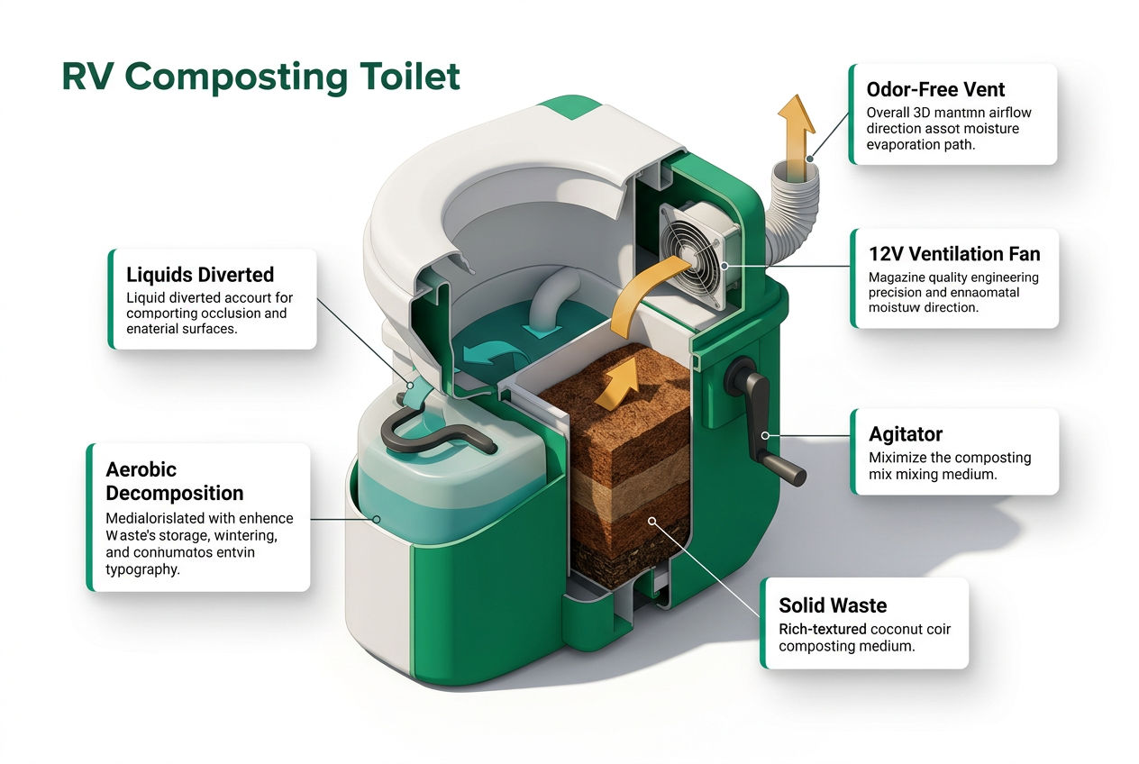 3D isometric cutaway of an RV composting toilet showing separate liquid and solid chambers, fan vent, and compost medium layers.