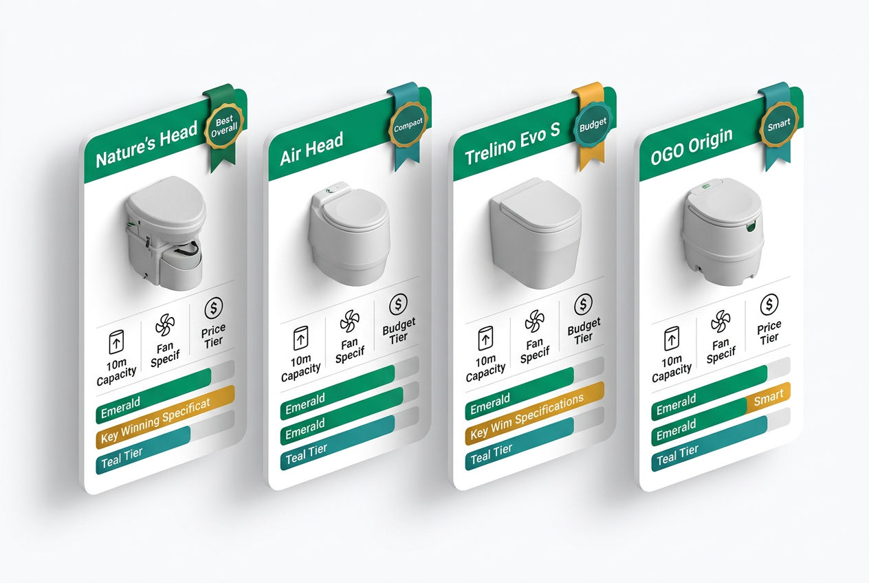 Isometric comparison cards for top RV composting toilet models showing capacity, dimensions, price tier, and key feature icons side by side.