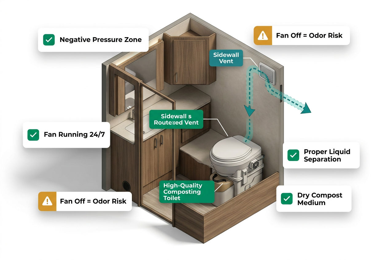 3D isometric RV interior showing composting toilet ventilation fan, exhaust path through roof vent, and odor-free zone indicators with airflow arrows.