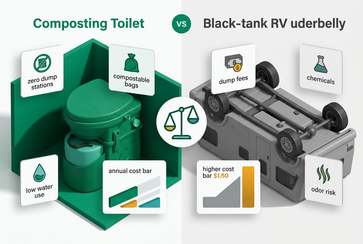 Split isometric comparison of RV composting toilet system versus traditional black tank showing cost, maintenance steps, and dump station dependency.