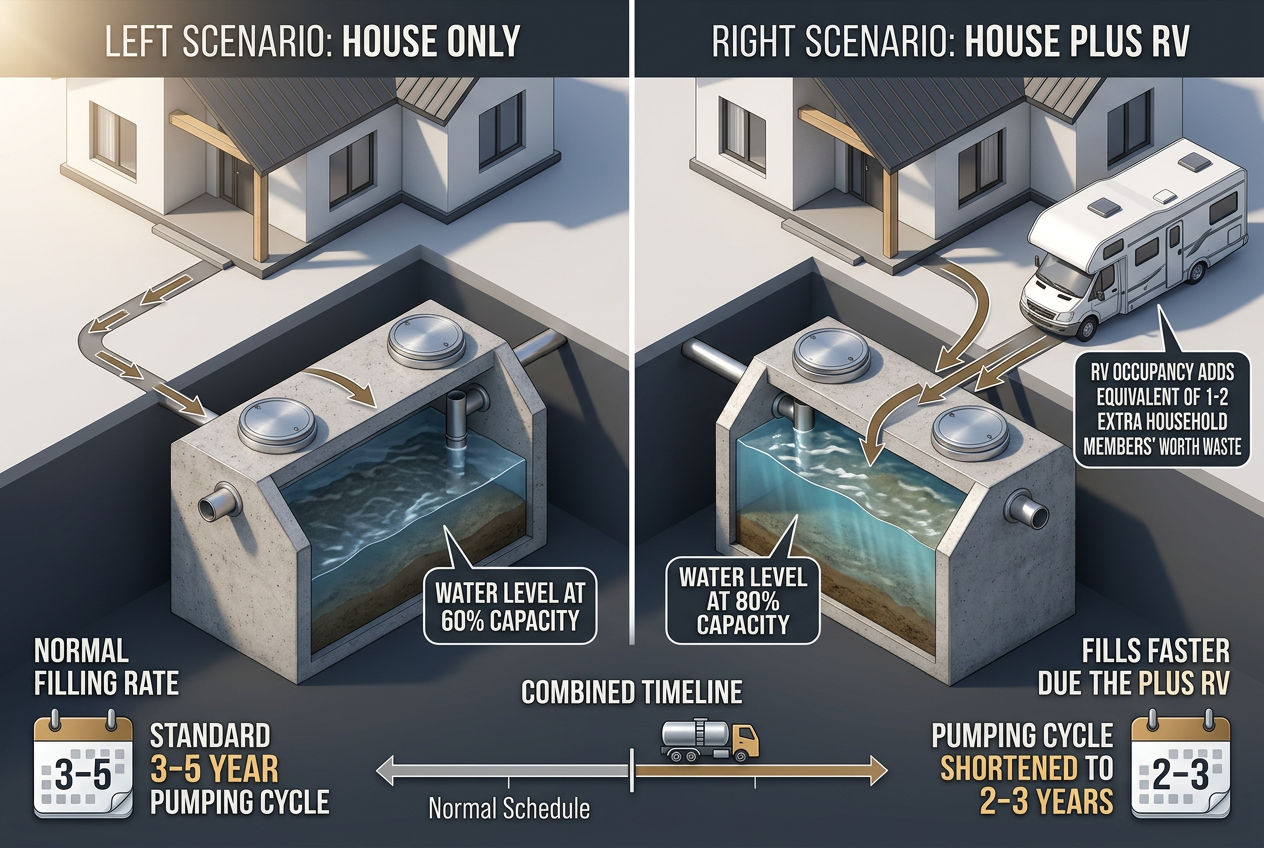 3D comparison showing septic tank filling faster with RV connected, shortening pumping cycle from 3-5 years to 2-3 years
