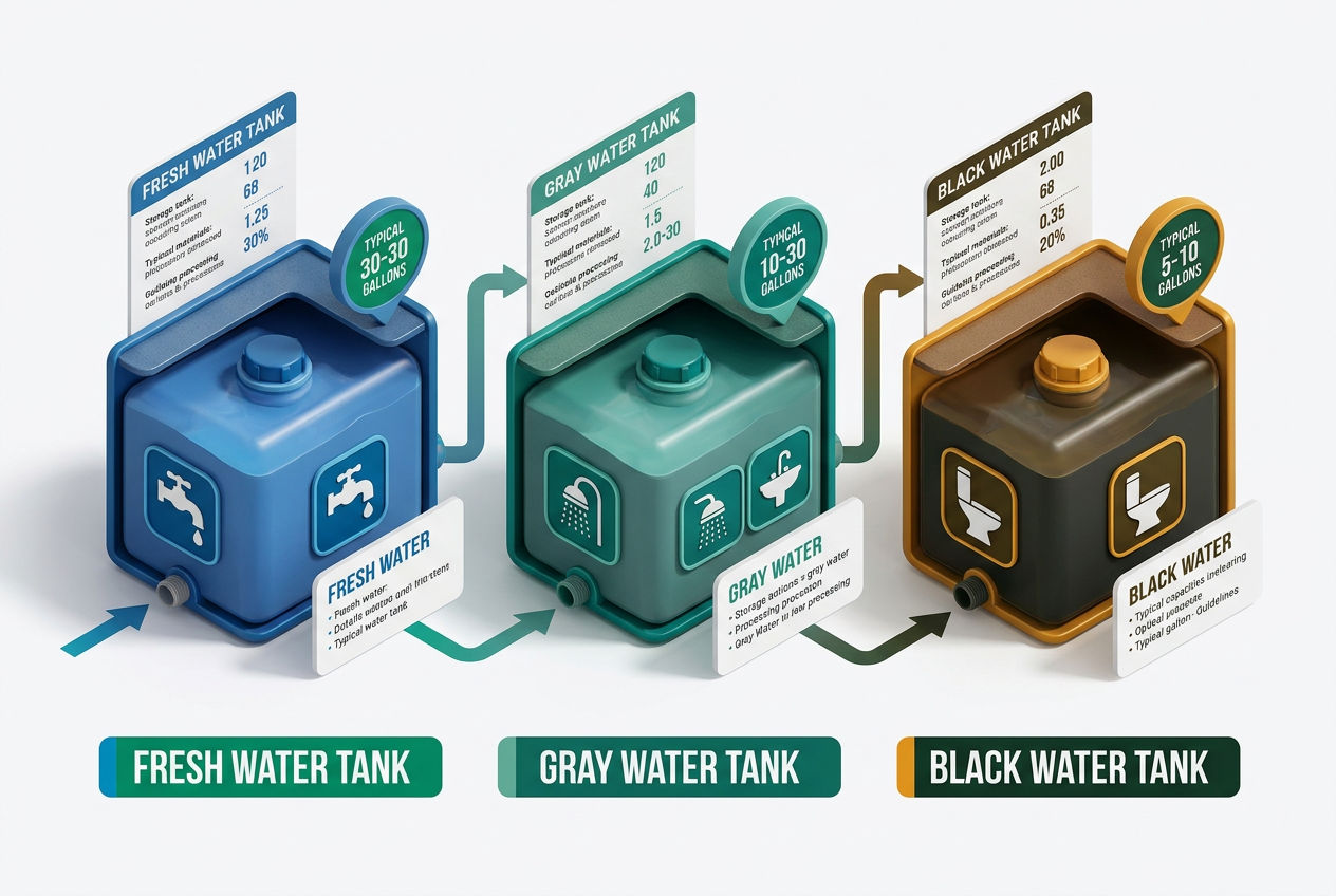 3D isometric cutaway showing fresh water, gray water, and black water RV holding tanks with color-coded labels and capacity icons.