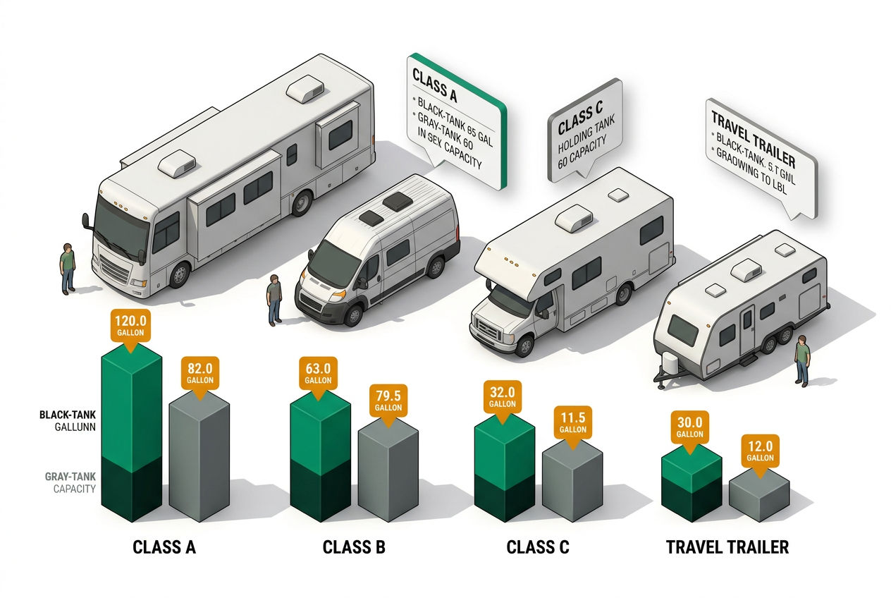 Isometric bar chart comparing RV holding tank sizes across Class A, B, C, and travel trailer classes with labeled gallon capacities.
