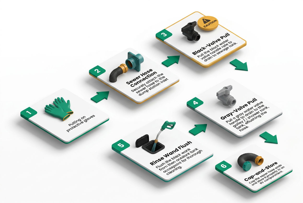 Step-by-step isometric flow diagram showing 6 numbered steps to empty an RV holding tank at a dump station with equipment icons.