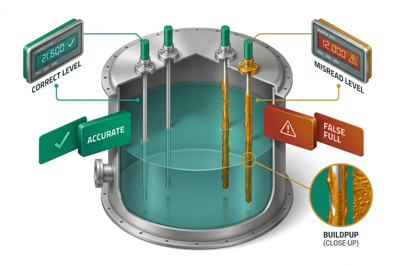 Cutaway isometric diagram of RV tank sensor probes showing grease buildup, false readings, and correct vs. faulty signal indicators.