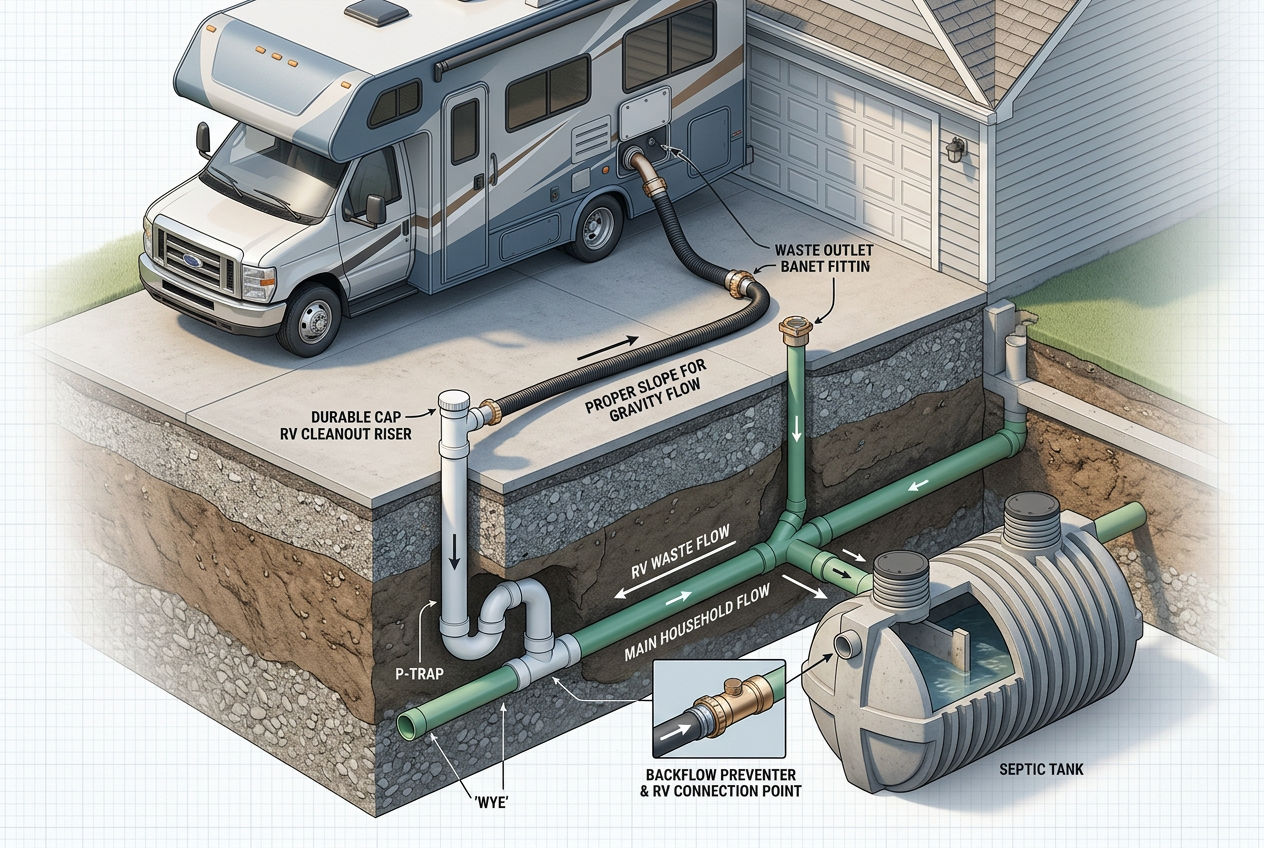 3D detailed view of RV connected to residential septic via dedicated cleanout riser with P-trap and backflow preventer
