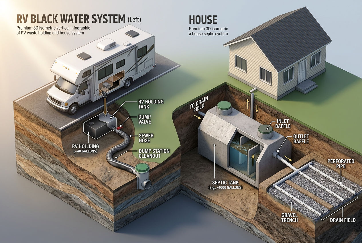 3D comparison showing small RV holding tank versus full-size residential septic tank and drain field system
