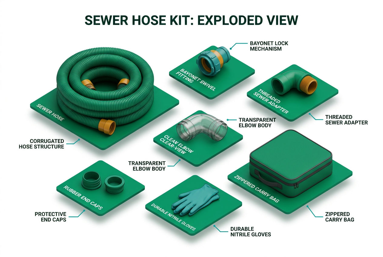 3D isometric exploded kit layout showing RV sewer hose, fittings, adapter, gloves, cap, and carry bag with labels.
