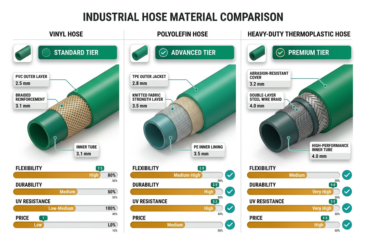 Isometric comparison chart of RV sewer hose types showing thickness, material, flexibility ratings, and durability tiers side by side.