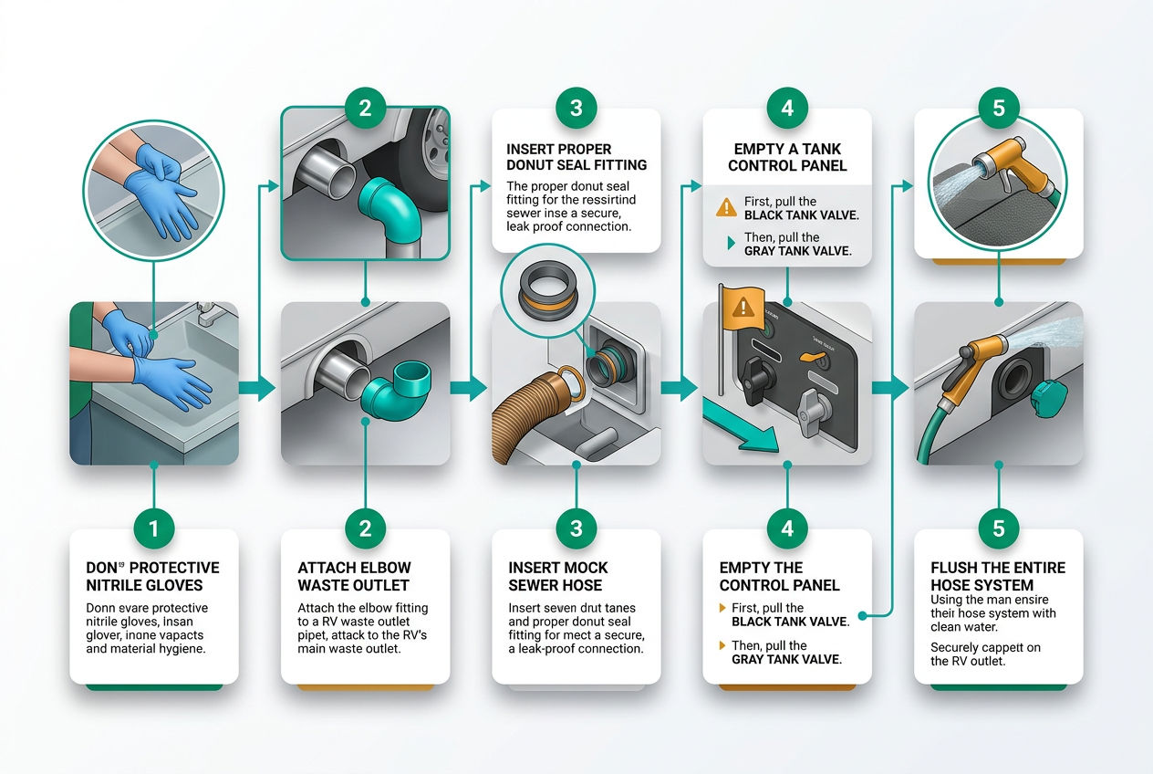 Step-by-step isometric diagram of connecting an RV sewer hose to a dump station inlet, showing 5 numbered stages with fittings.
