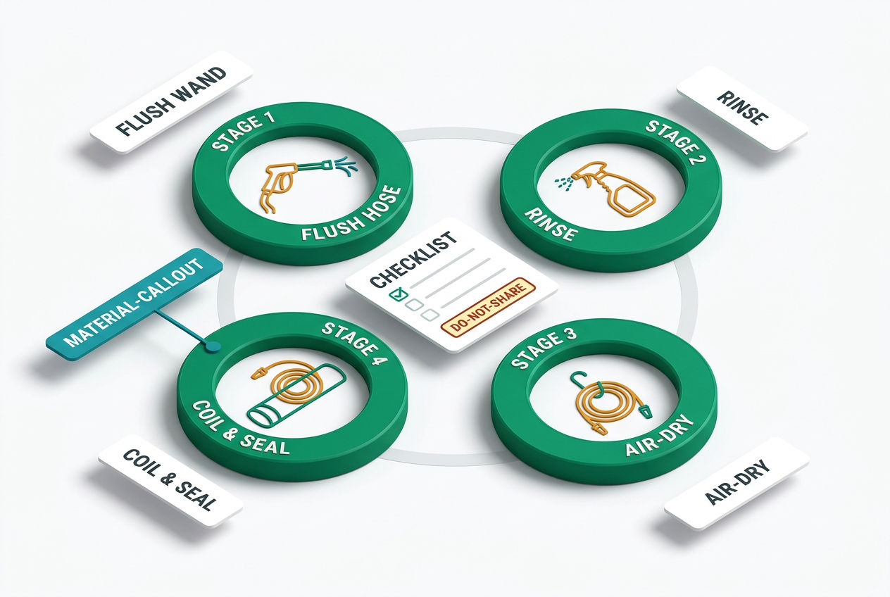 Isometric cleaning and storage infographic showing flushing, rinsing, drying, coiling, and tube storage steps for an RV sewer hose.