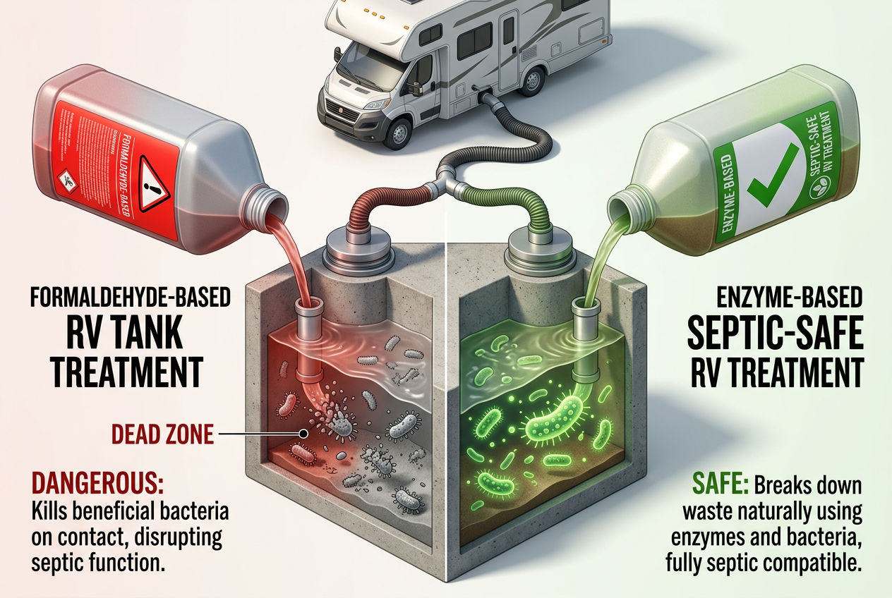 3D split view comparing formaldehyde RV chemical killing septic bacteria versus enzyme-based safe treatment coexisting