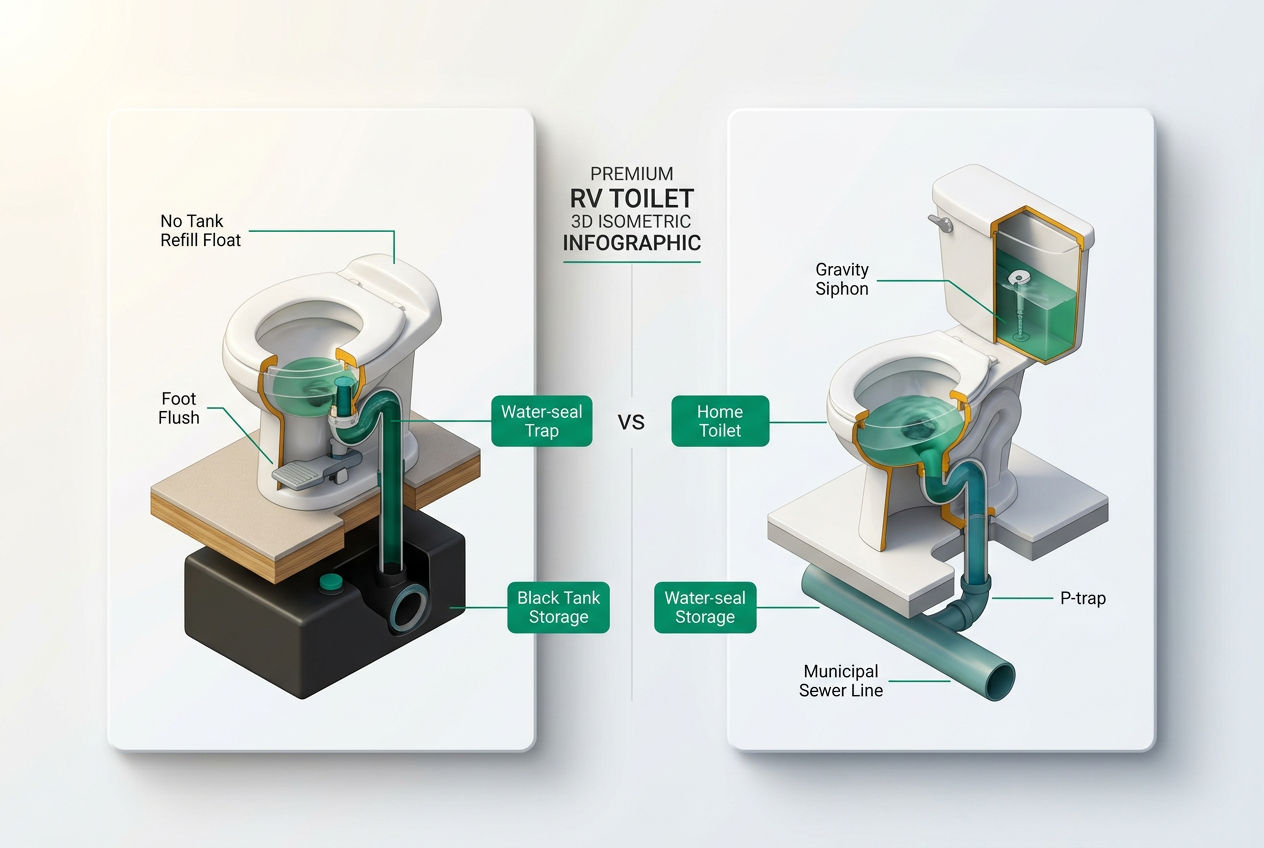3D cutaway comparing RV toilet with foot-flush valve and black tank versus home toilet with water trap and sewer line.
