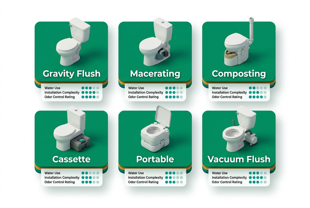 Six RV toilet types shown as 3D icons: gravity flush, macerating, composting, cassette, portable, and vacuum flush.