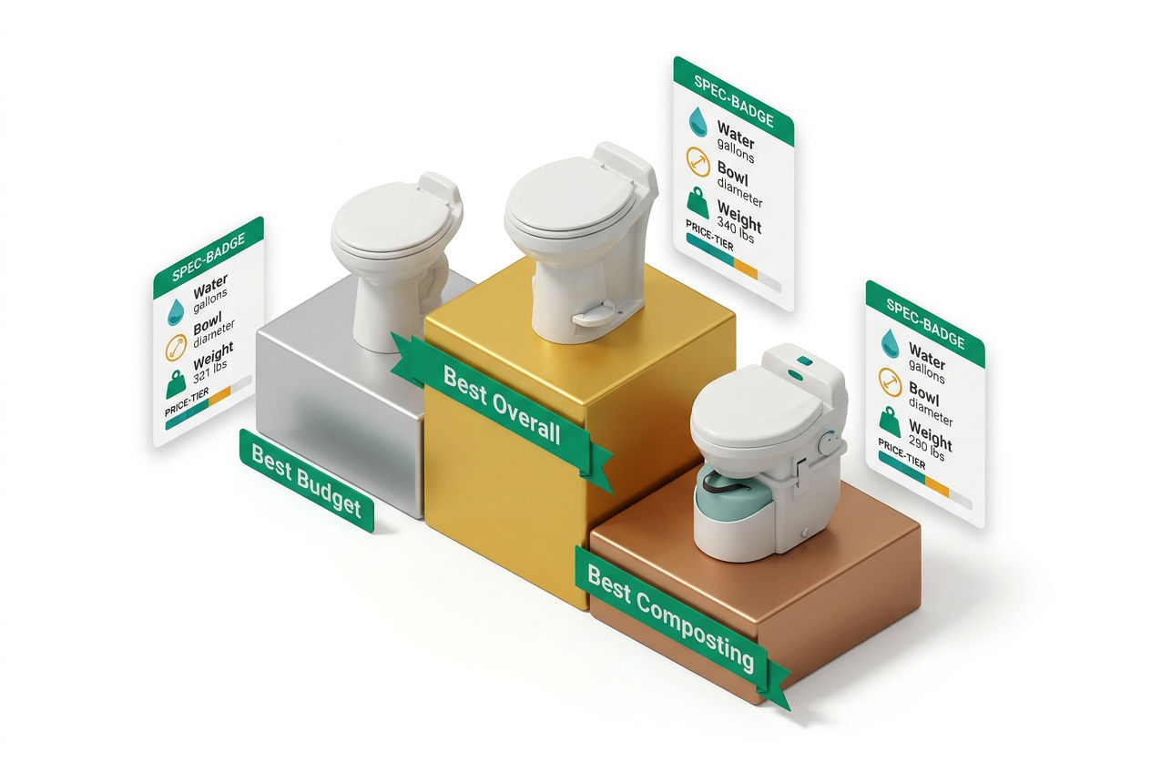 Three top-rated RV toilets on ranked podium with spec badges for weight, water use, bowl size, and price tier.
