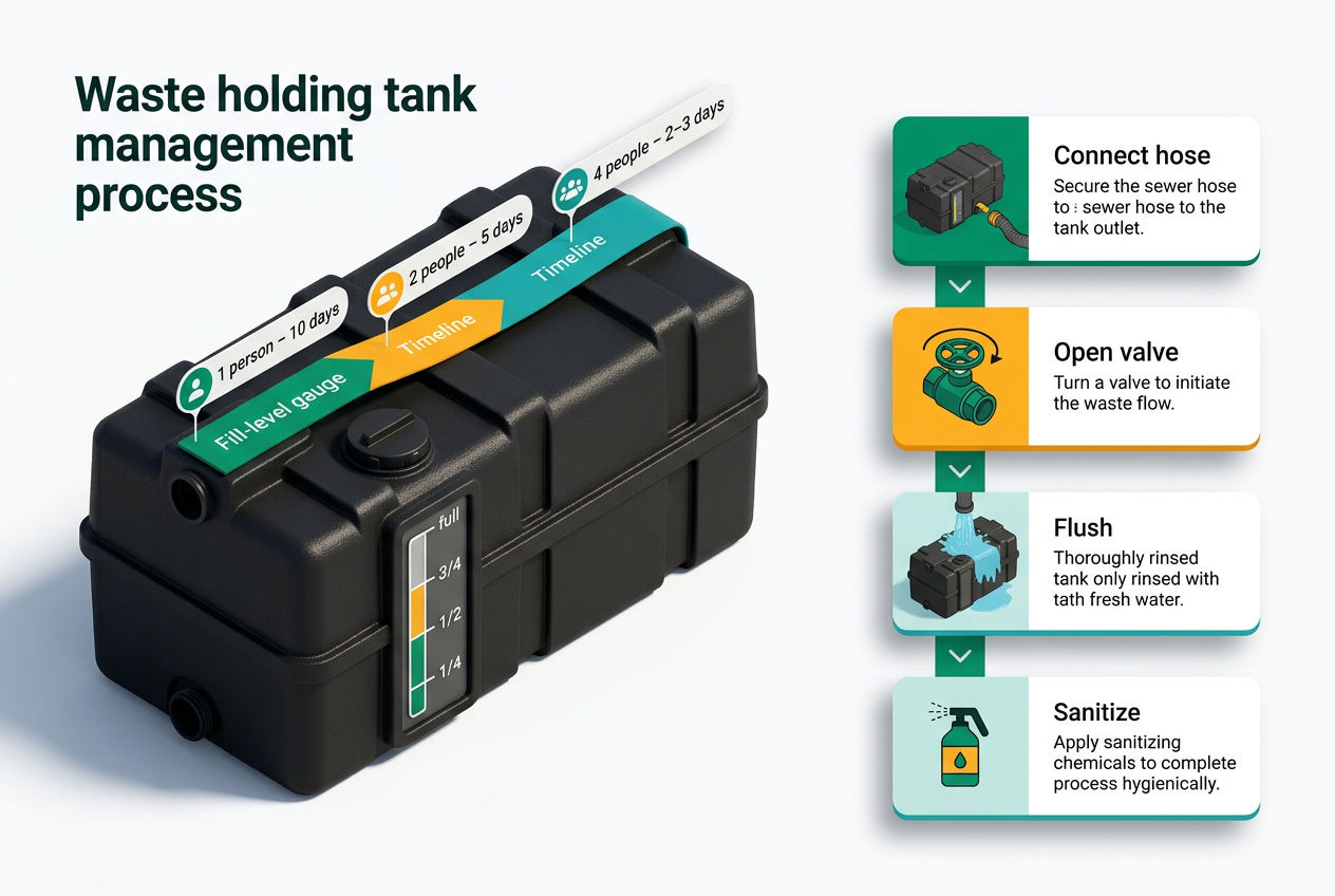Infographic showing black tank fill timeline by number of users, with dump-station step diagram and tank capacity gauge.