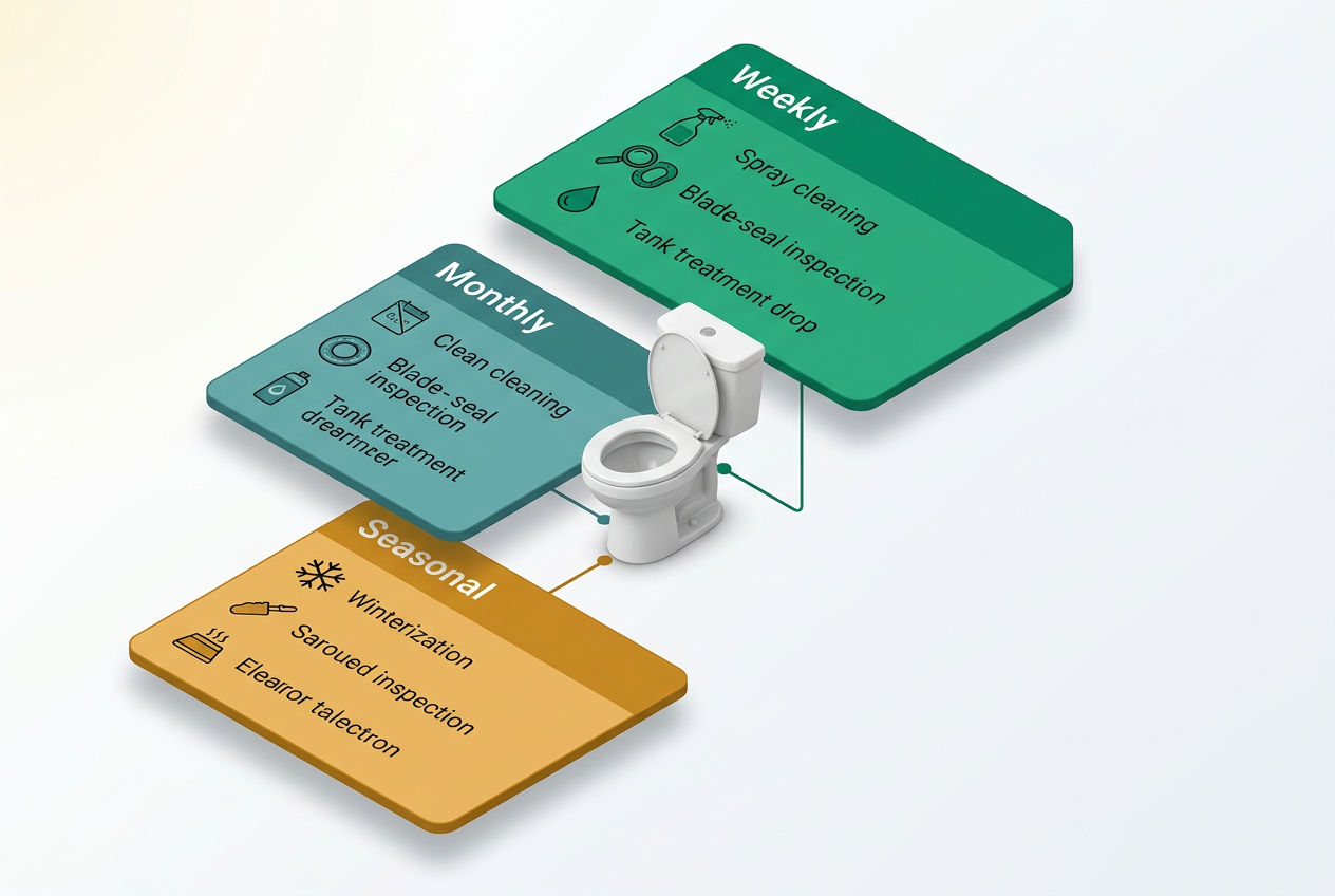 Maintenance checklist infographic with weekly, monthly, and seasonal task cards plus icons for cleaning, seals, and tank treatment.