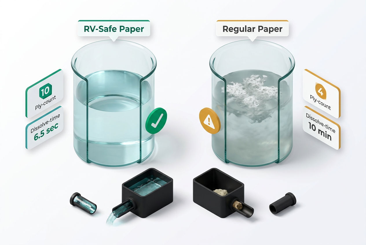 Side-by-side dissolve test showing RV-safe toilet paper fully broken down versus regular toilet paper clogging a tank diagram.