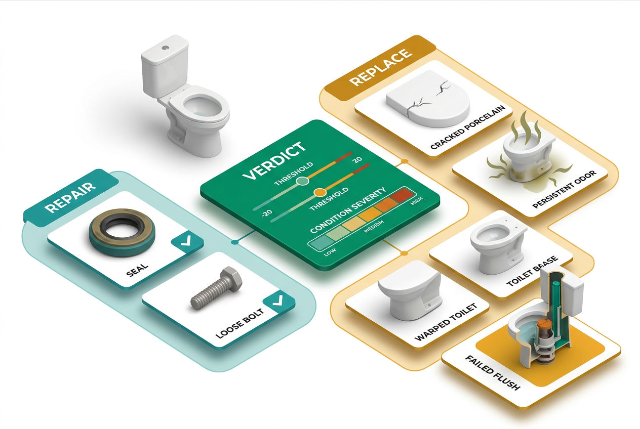 Isometric diagnostic chart comparing RV toilet repair vs replacement symptoms: cracks, leaks, flush failure, odor, age indicators.