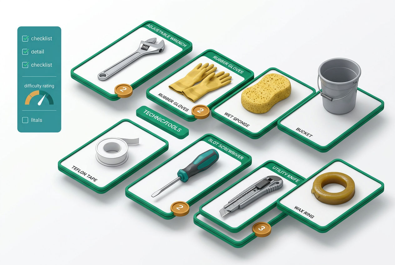 Flat-lay isometric tool grid showing wrenches, gloves, sponge, bucket, wax ring, screwdriver, and plumber's tape for RV toilet replacement.