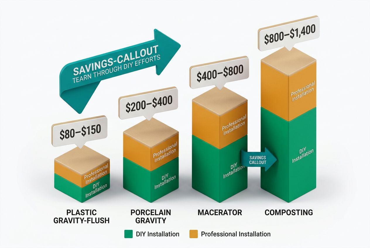 3D bar chart comparing RV toilet costs: plastic gravity-flush, porcelain, macerator, and composting models with DIY vs professional install pricing.