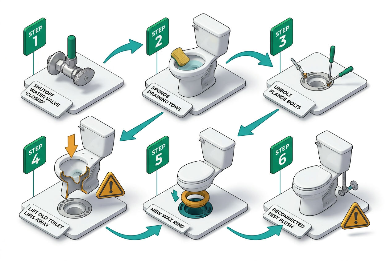 Six-panel isometric step flow showing RV toilet removal and installation: shutoff, drain, unbolt, lift, seal, bolt-down, reconnect water.