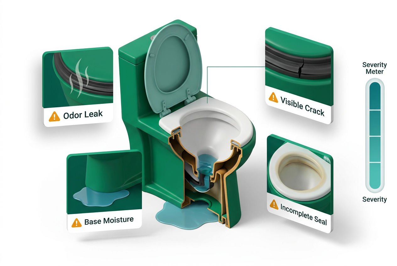 Isometric RV toilet cutaway showing four failure symptoms: odor leak, water seep, visible crack, and slow drain with labeled callout cards.