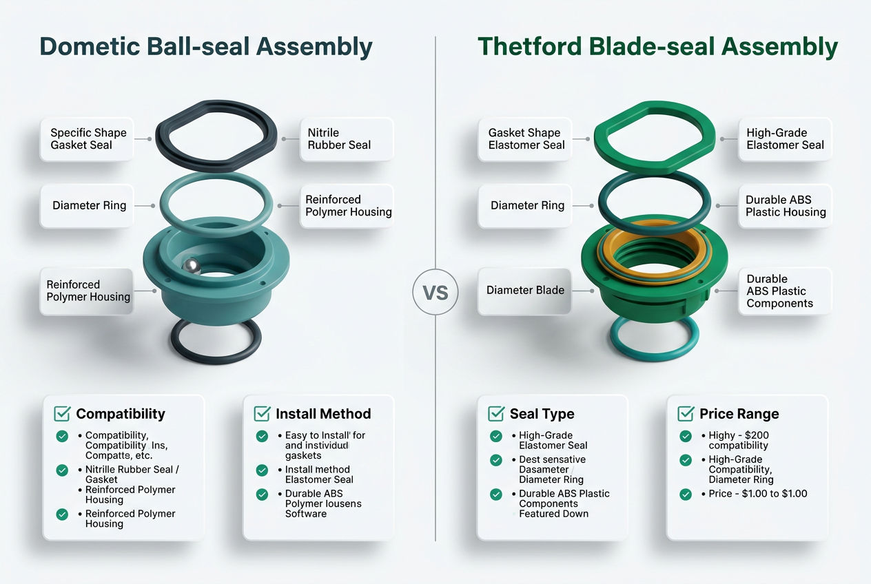 Side-by-side 3D comparison panel of Dometic and Thetford RV toilet seals showing shape, material, and fitment differences with labeled callouts.