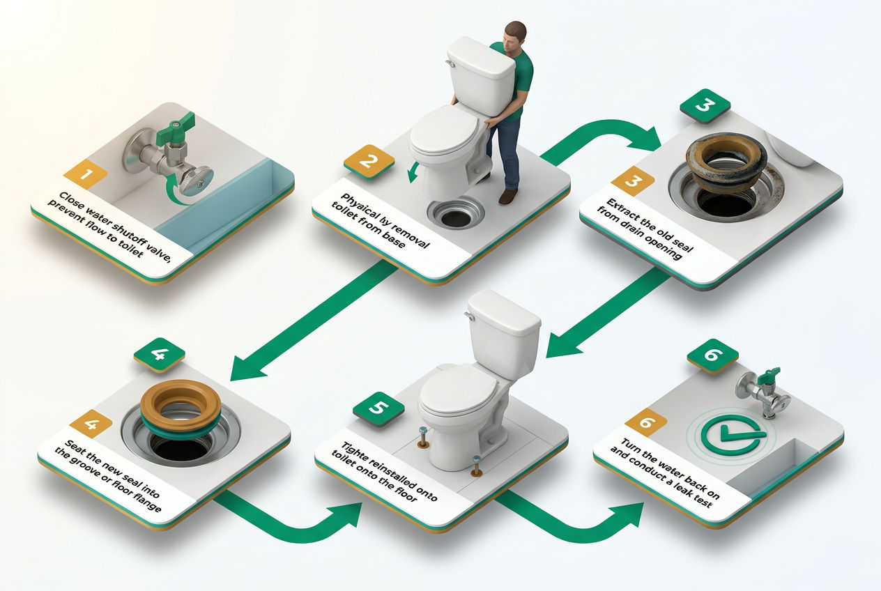 Six-step isometric flow diagram showing RV toilet seal replacement process from water shutoff to final leak test with numbered floating panels.