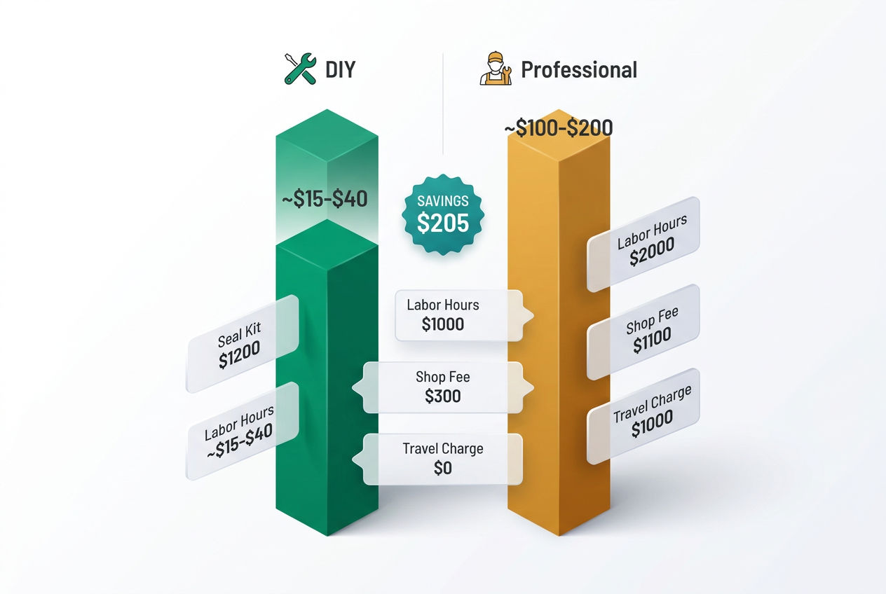 Isometric cost comparison infographic showing DIY versus professional RV toilet seal replacement with bar charts and itemized floating cost cards.