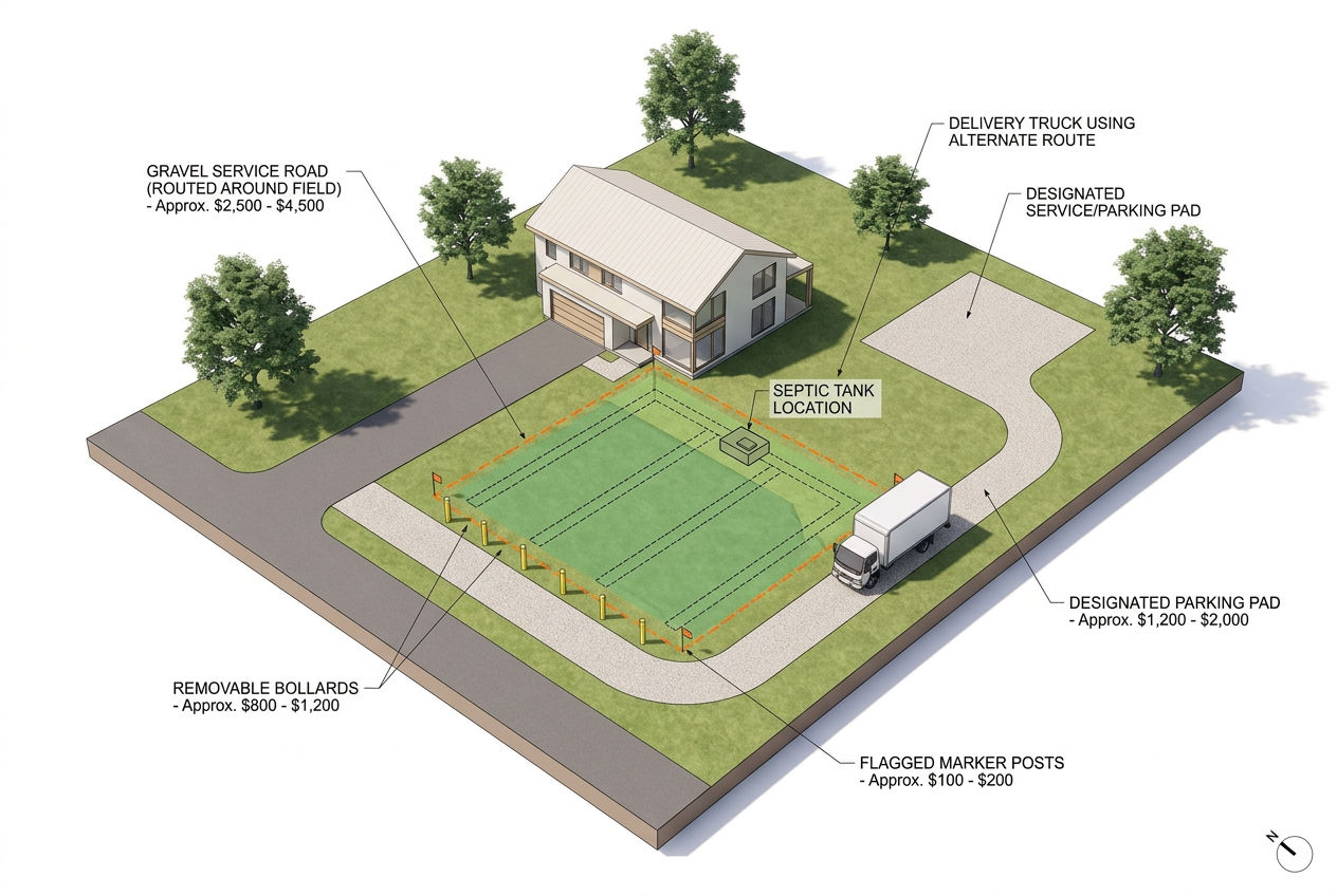 3D property layout showing safe vehicle access alternatives that avoid driving over the drain field
