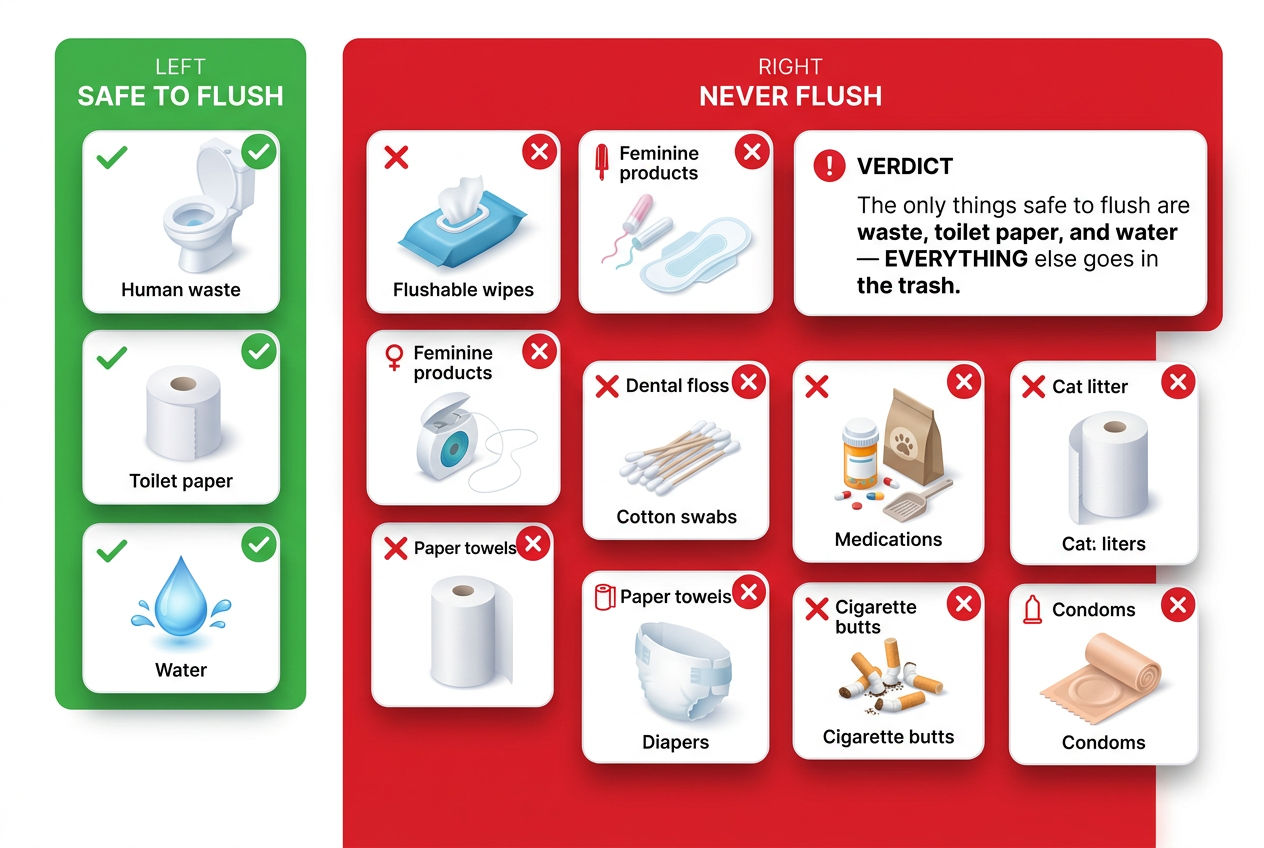 3D two-column guide showing only three safe items to flush versus ten common items that damage septic systems