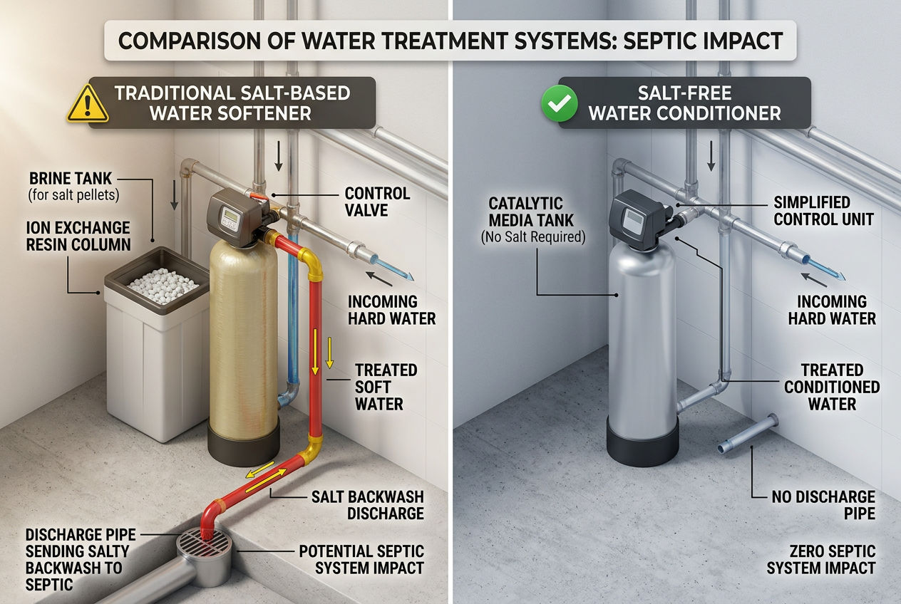 3D comparison of salt-based water softener with septic discharge versus salt-free conditioner with zero septic impact
