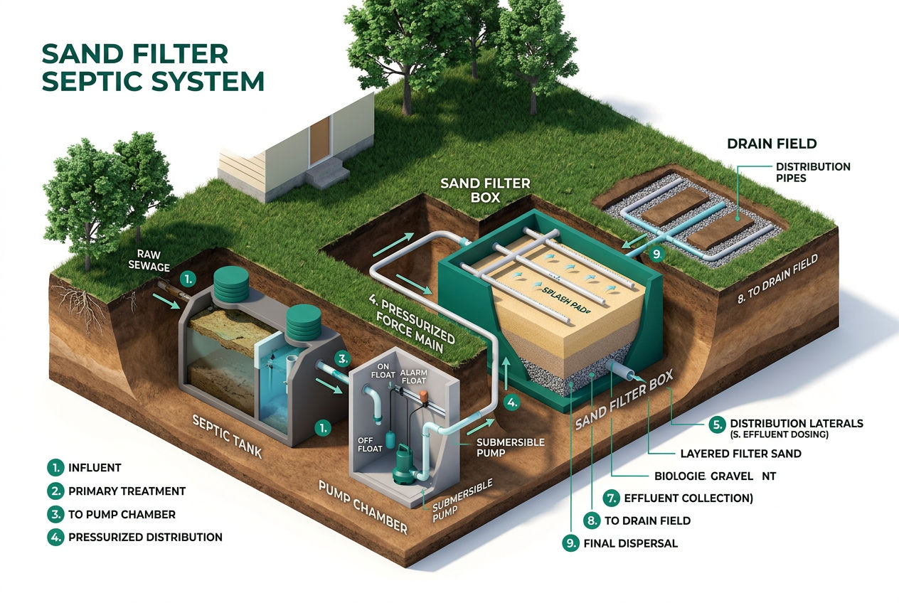 3D flow diagram of how a sand filter septic system treats wastewater