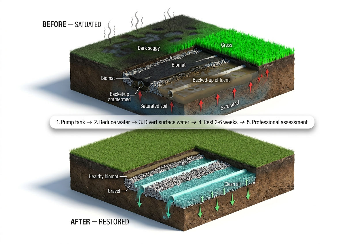 3D before and after comparison showing saturated drain field restored to healthy downward drainage