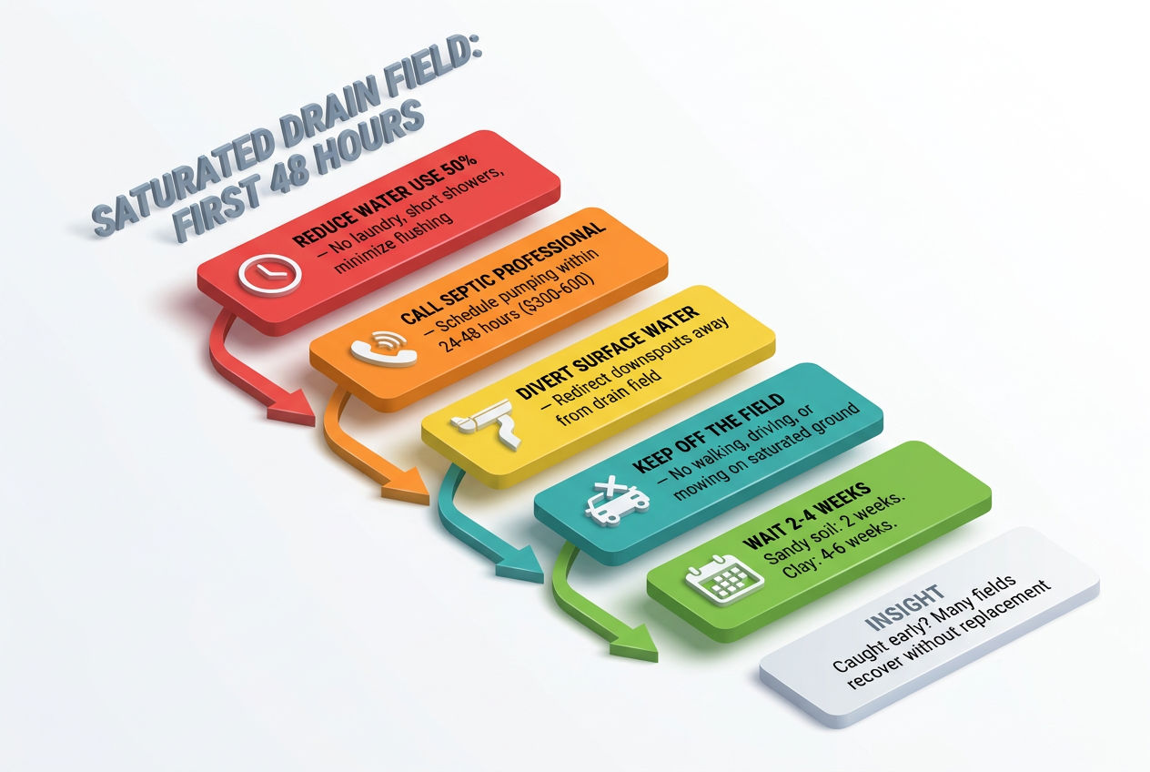 3D five-step emergency response guide for a saturated drain field in the first 48 hours