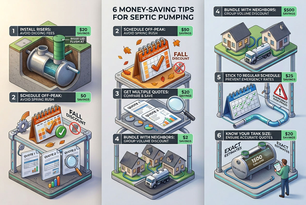 3D six money-saving tips for septic pumping: install risers, schedule off-peak, get quotes, bundle with neighbors, regular schedule