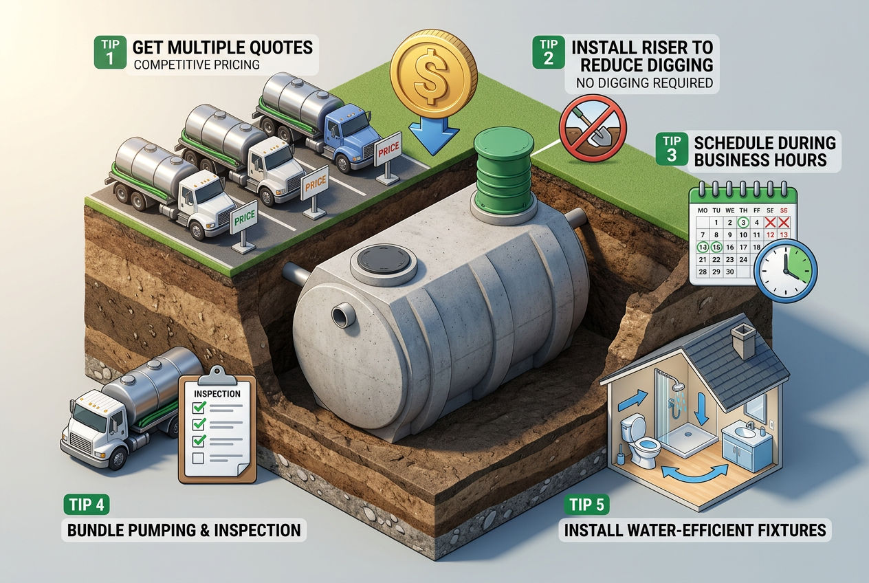 3D isometric diagram showing five ways to save money on septic pumping: compare quotes, install risers, schedule weekdays, bundle services, reduce water use