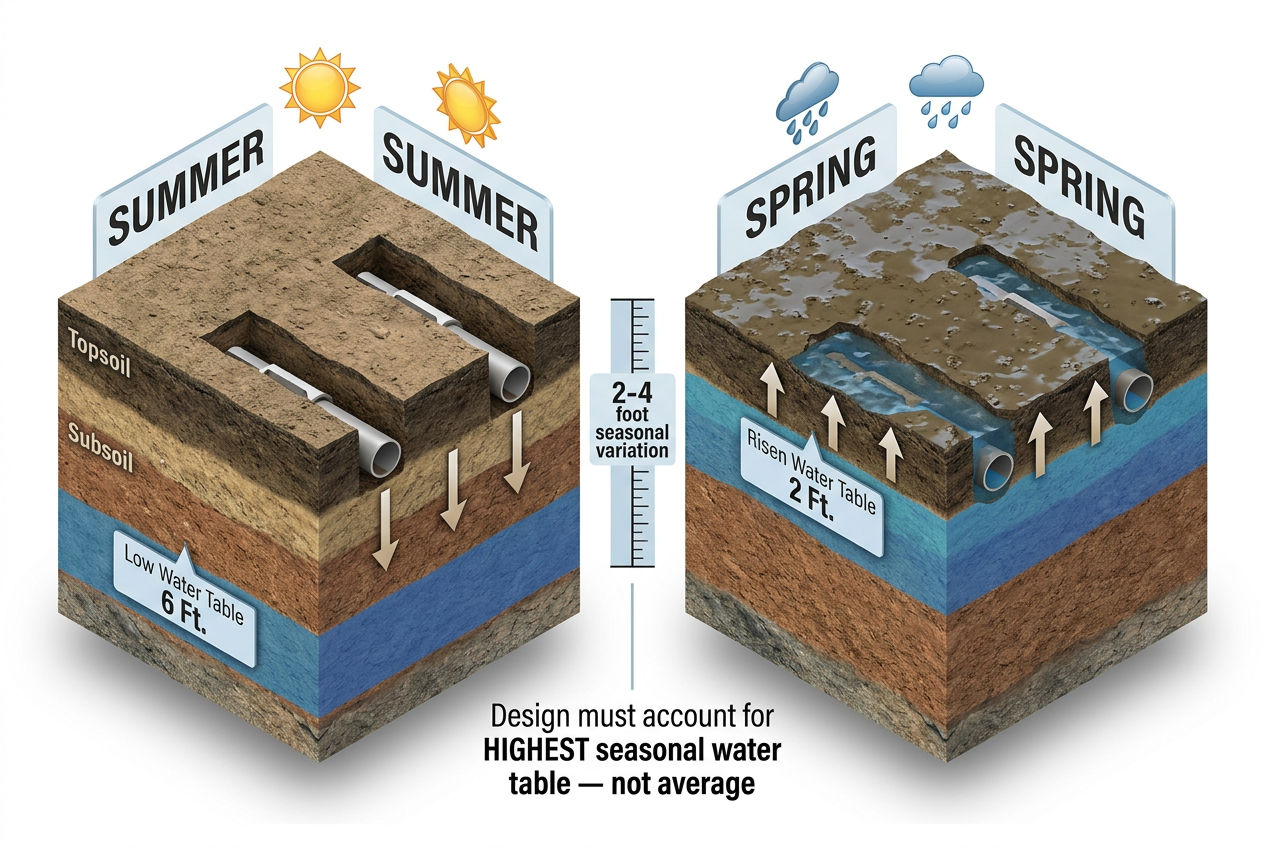 3D seasonal comparison showing water table rising in spring to affect drain field versus summer low levels