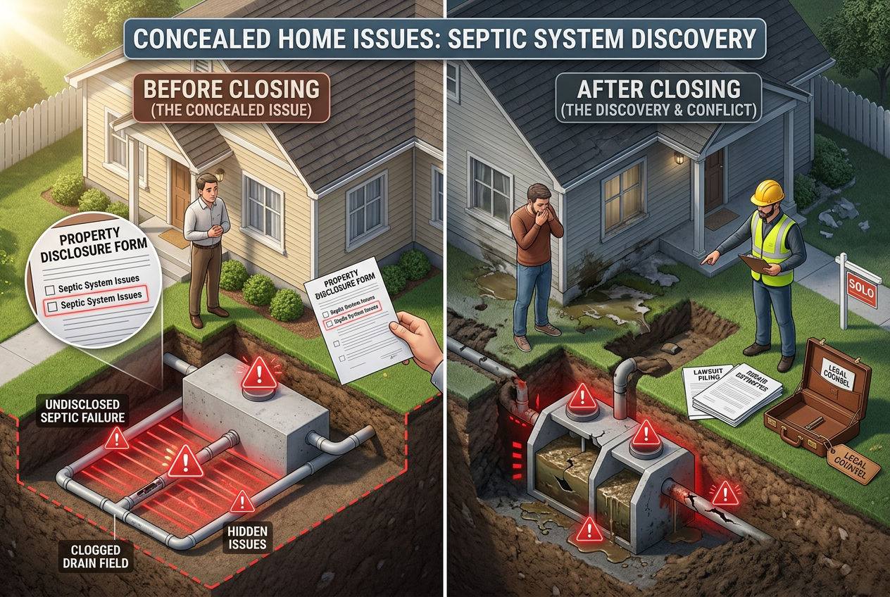 3D split scene showing seller hiding septic problems before closing versus buyer discovering damage after purchase