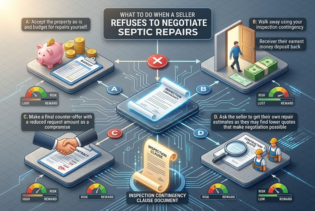 3D four buyer options when seller refuses septic repair negotiation: accept as-is, walk away, counter-offer, or request seller estimates