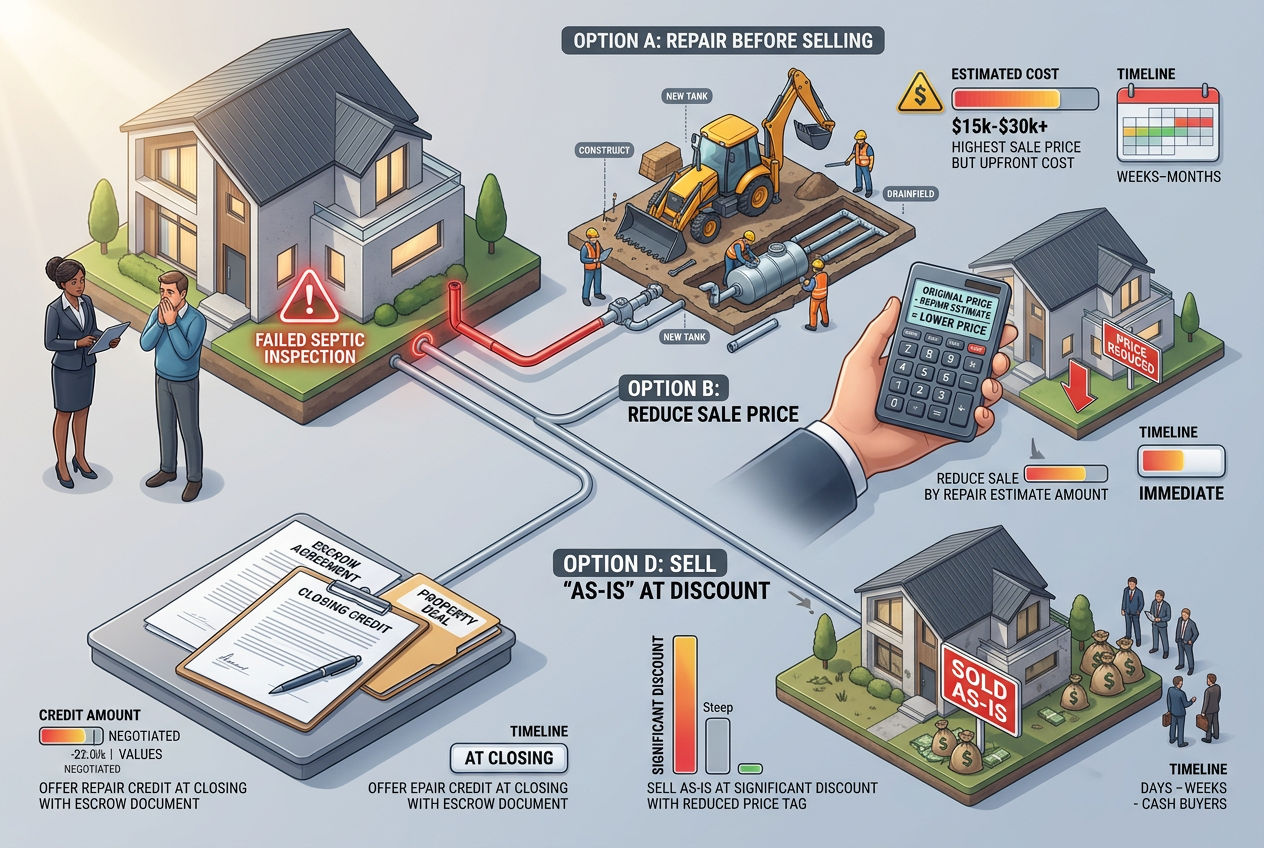 3D scene showing four seller options after failed septic inspection: fix it, reduce price, offer credit, or sell as-is