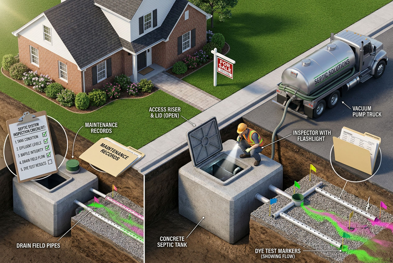 3D scene showing home for sale with underground septic system being inspected and pump truck on site